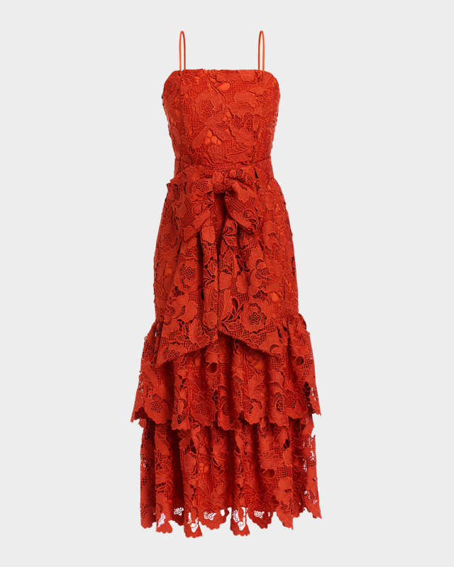 Vanessa Ruffle Tiered Floral Lace Midi Dress
